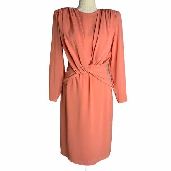 Vintage 80s Draped Shoulder Crepe Dress S Peach - Picture 1 of 10